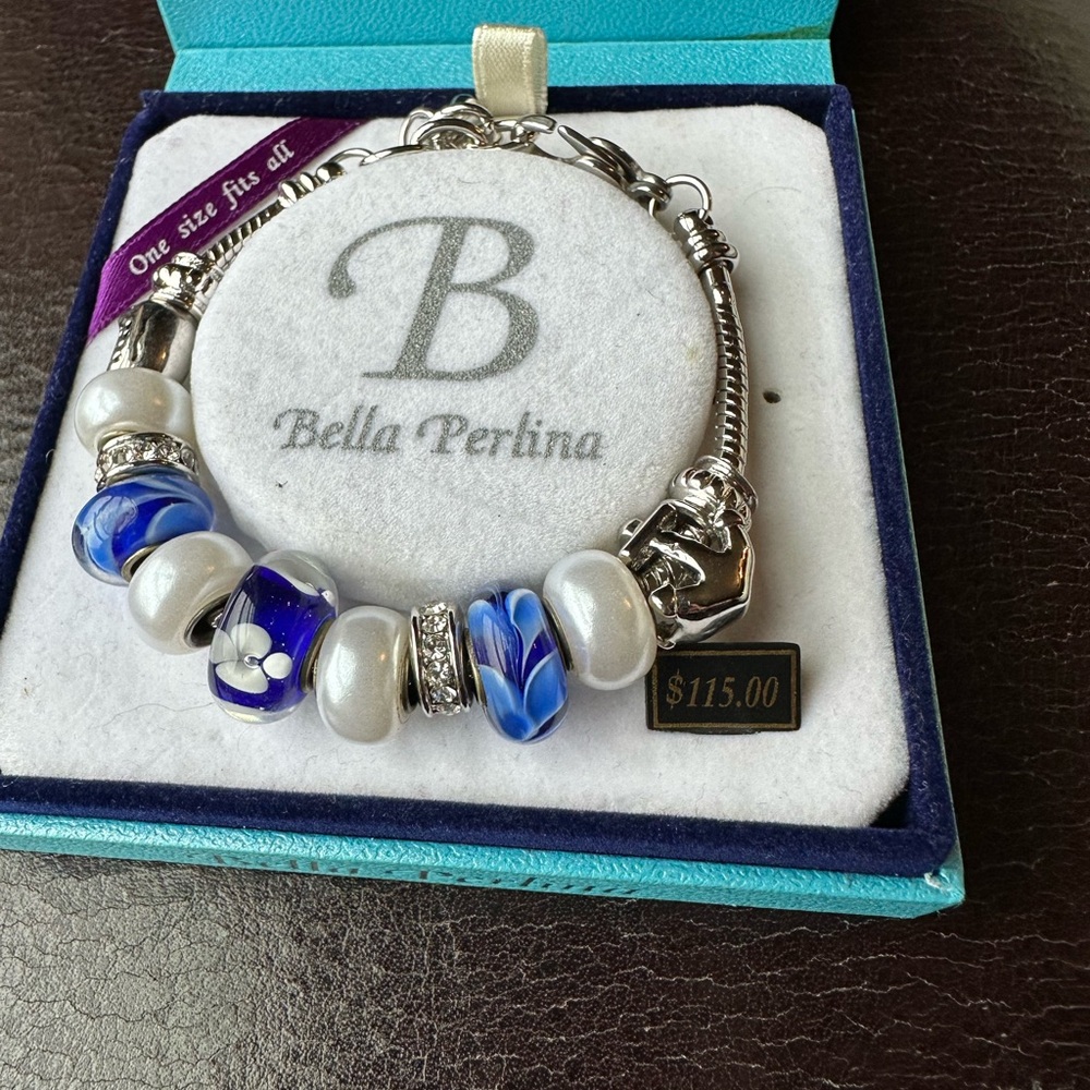 NWT Bella Perlina Silver and Blue Beaded Charm Bracelet